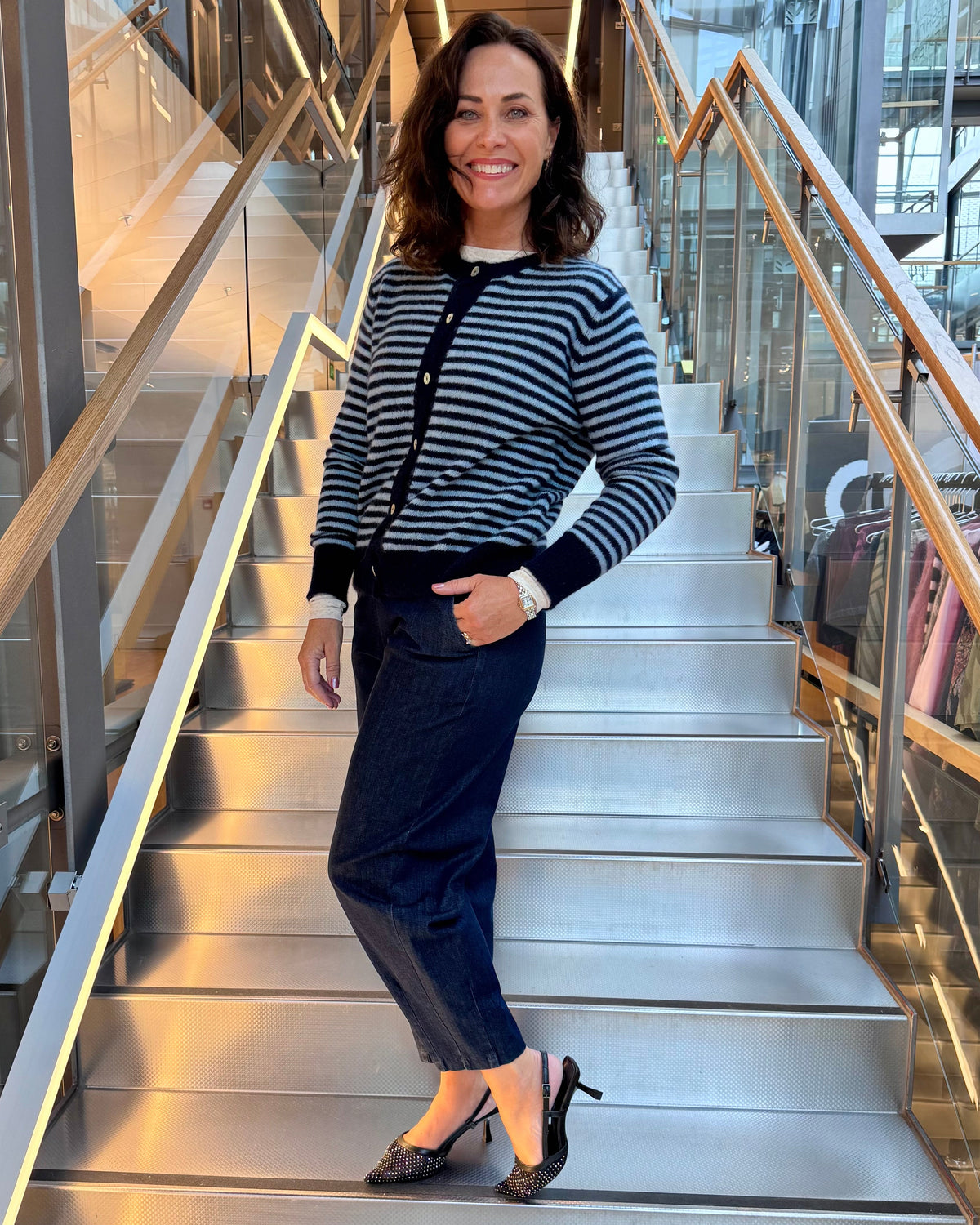 Black Colour BCDell stripet cardigan i navy – merinoull og alpakka