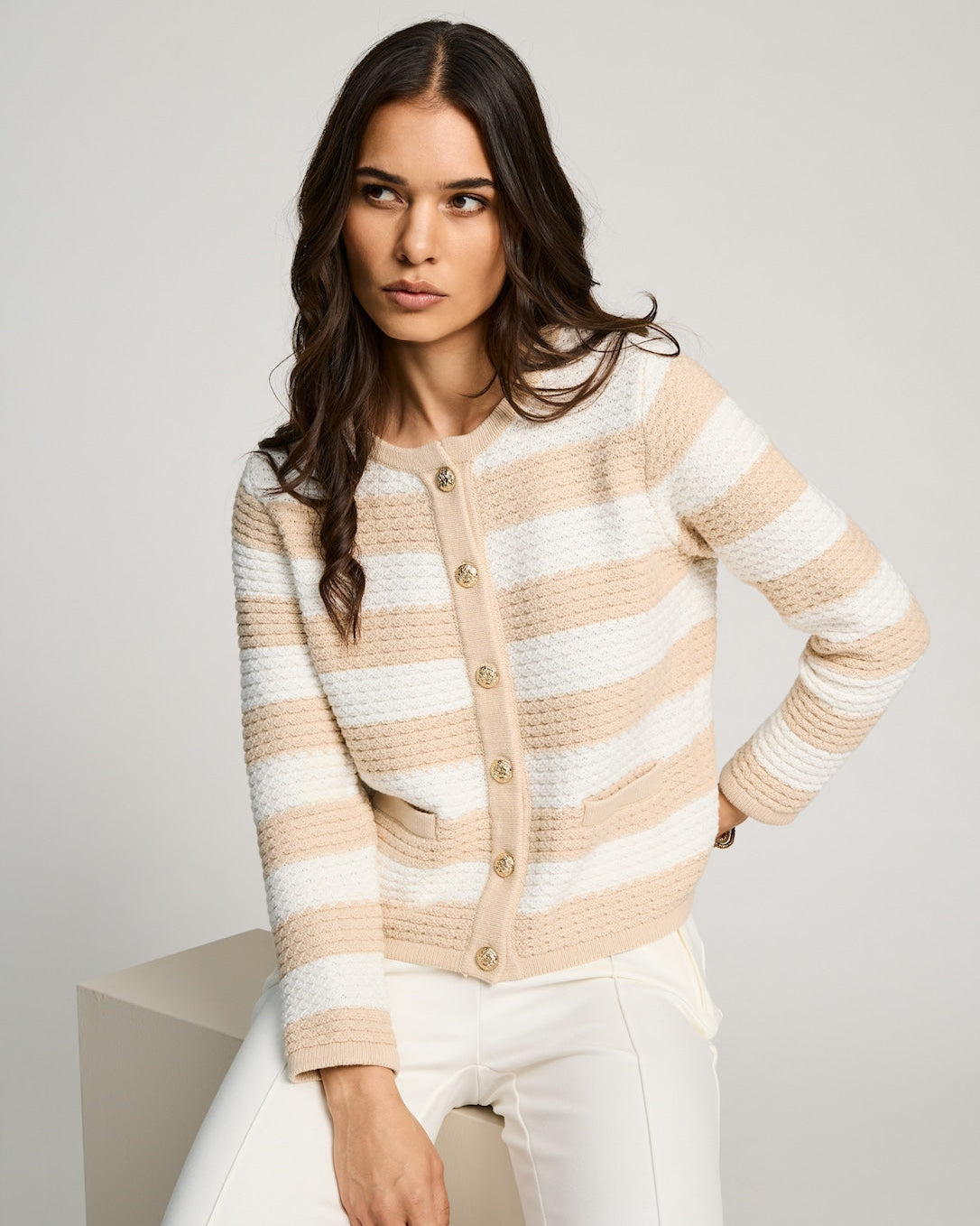 Stripete Cardigan - Beige og hvit