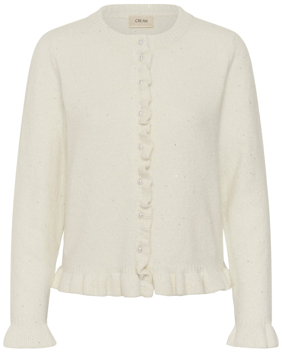 Hvit cardigan dame med paljetter sett forfra – Cream