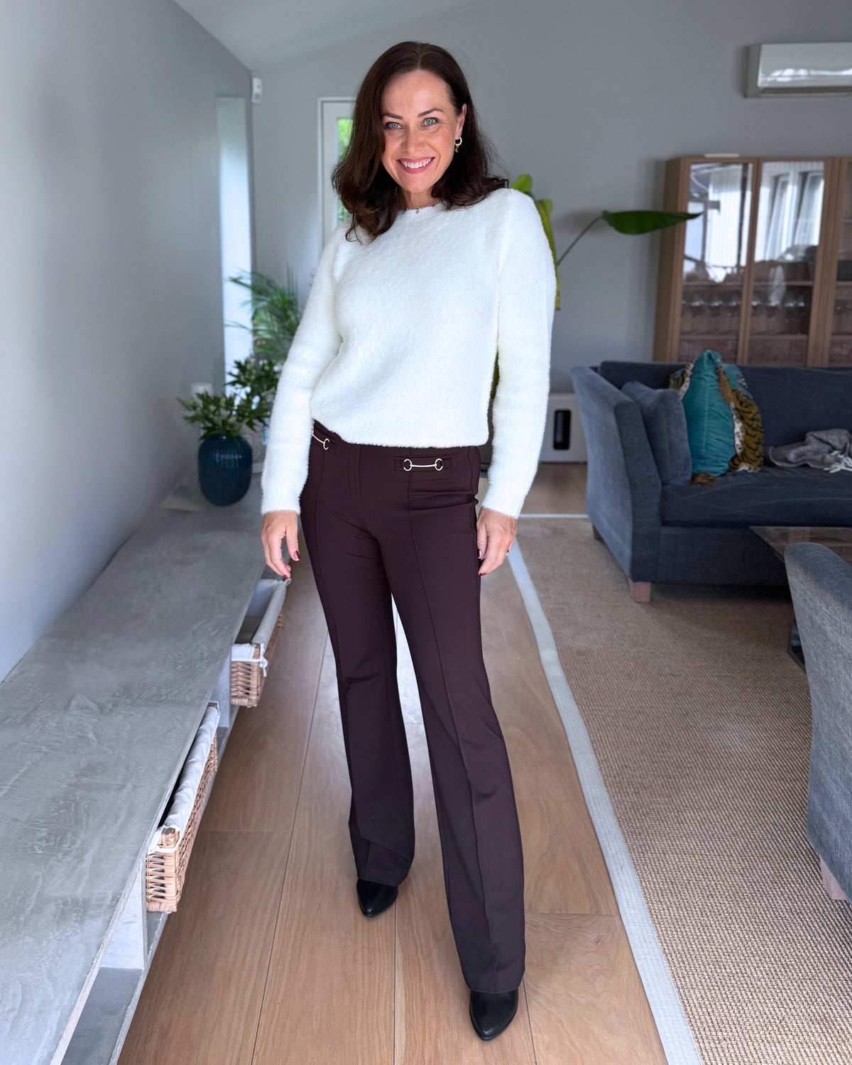 Robell Joella brun bukse dame med strikk i livet og kick flare