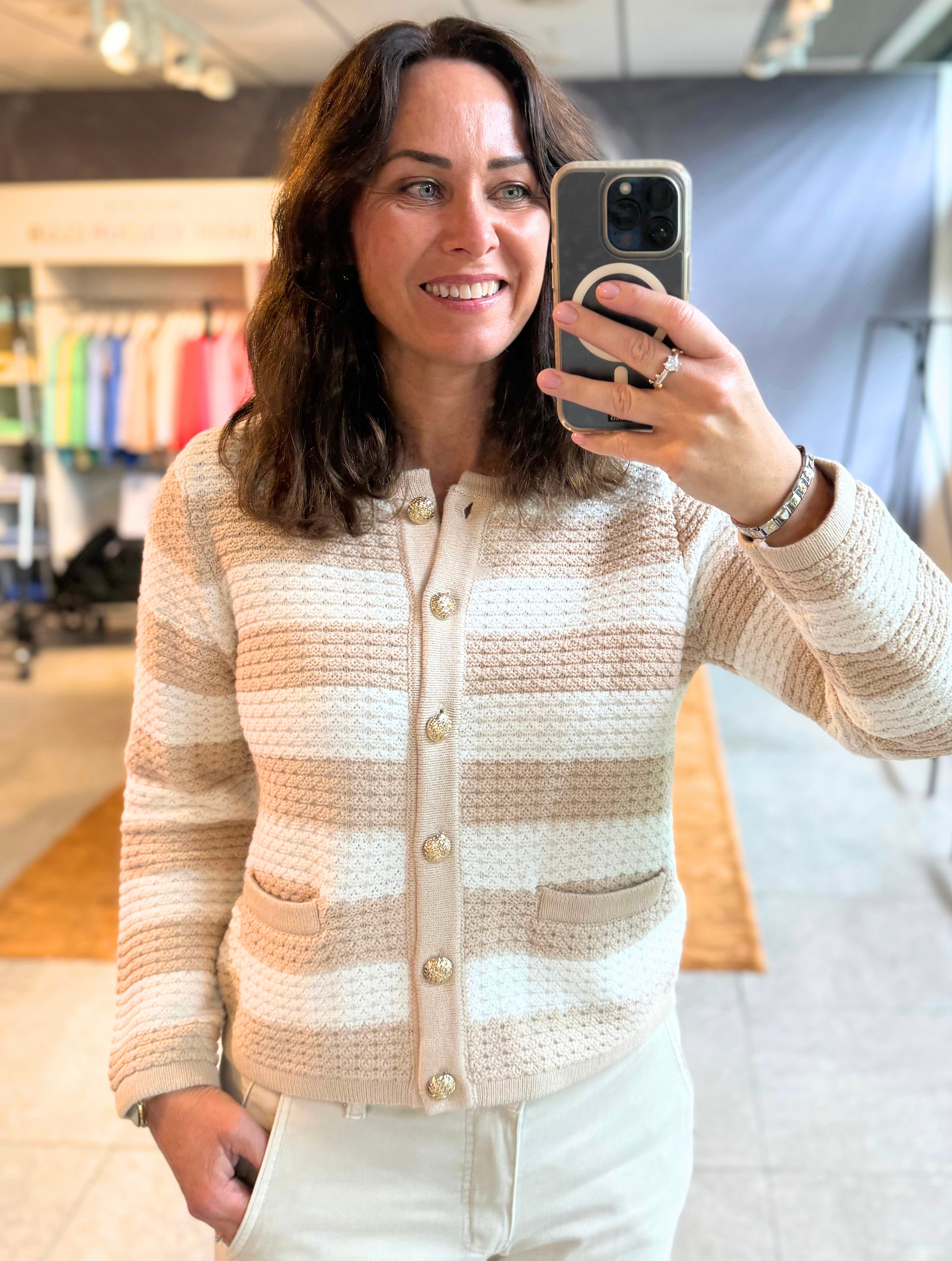 Stripete Cardigan - Beige og hvit